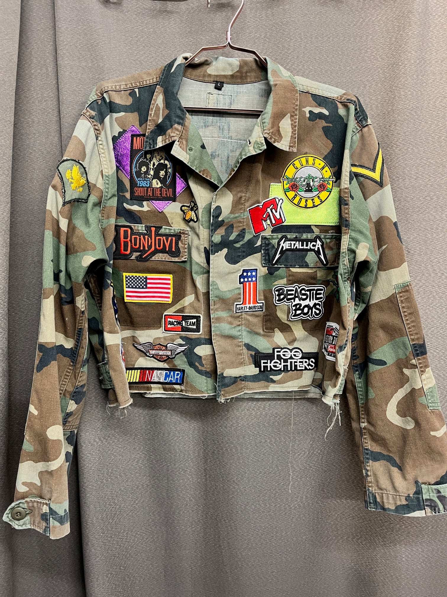 RARE Stereo top Vinyls Patches Camo Bomber Jacket