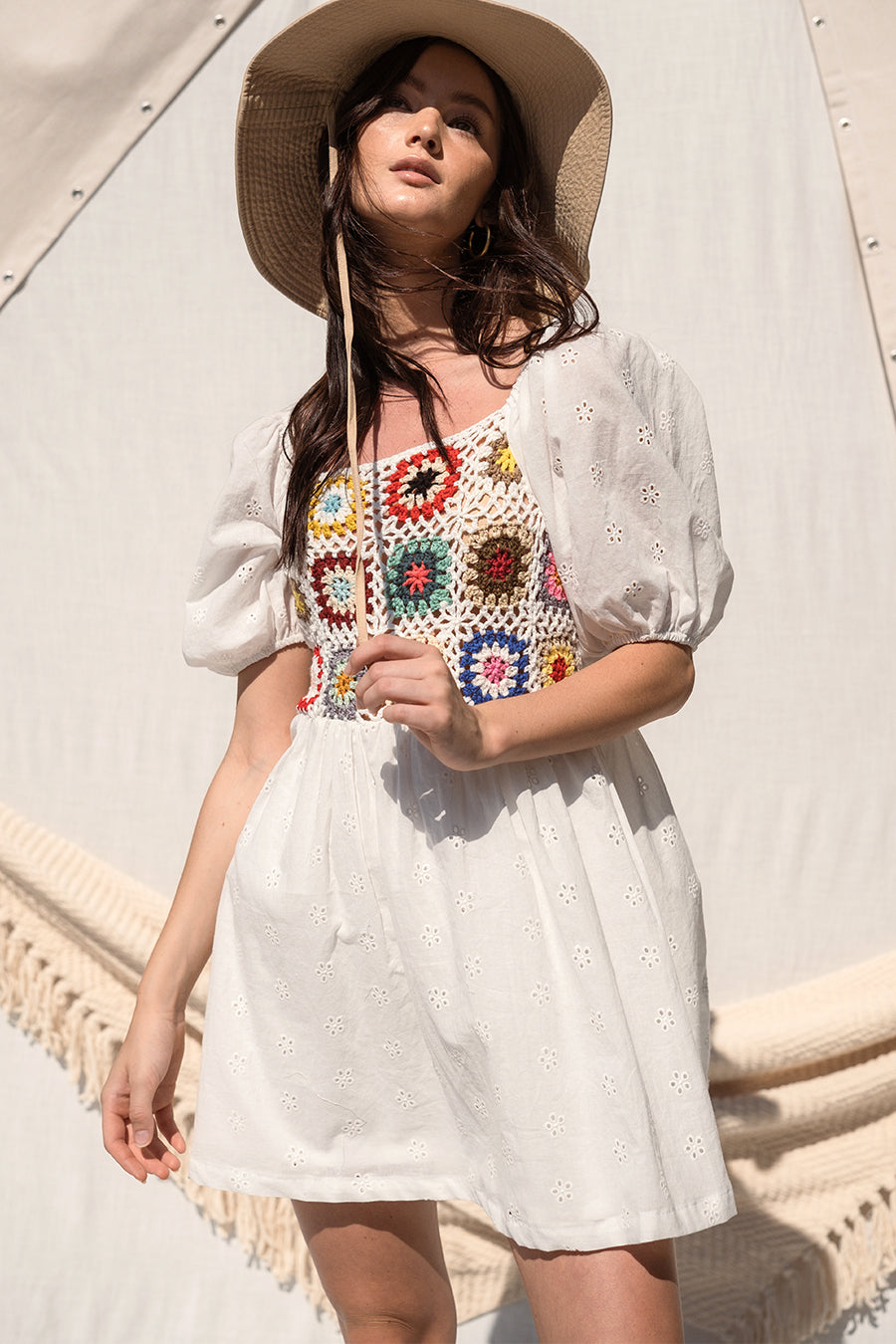 crochet front dress Ivory Bloom Floral Crochet Button Front Mini Dress