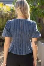 Load image into Gallery viewer, Blue Peplum Top w Pearl Bow
