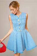 Load image into Gallery viewer, Jeweled Button Flared Denim Dress
