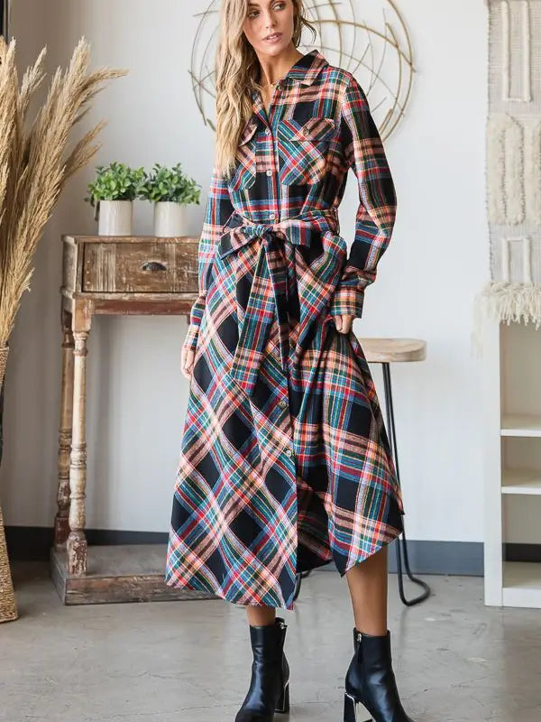 knee length dresses for ladies Jessara Ruffled Plaid Maxi Dress in Green Plaid main image 0
