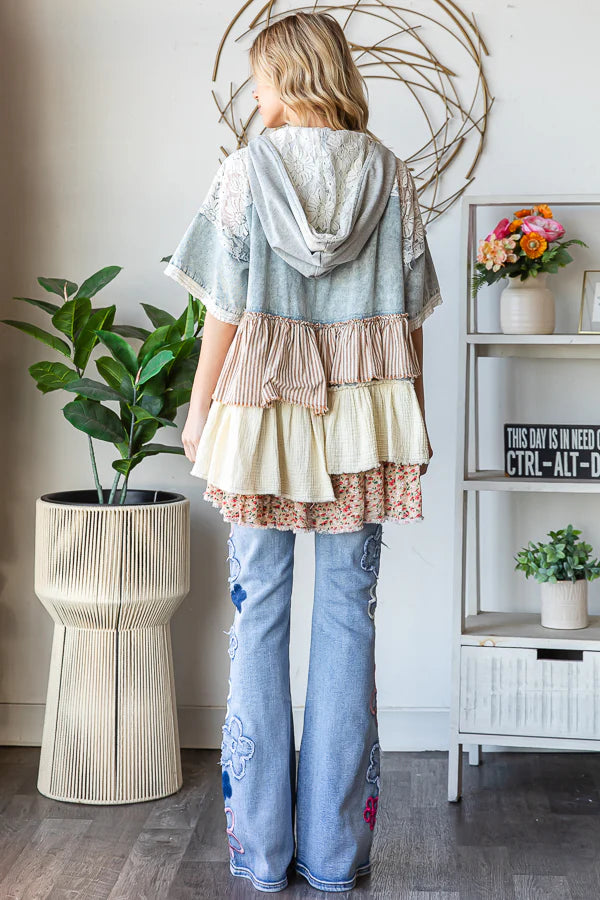 Tiered Ruffle Hooded Lace Denim Jacket – Lily Claire