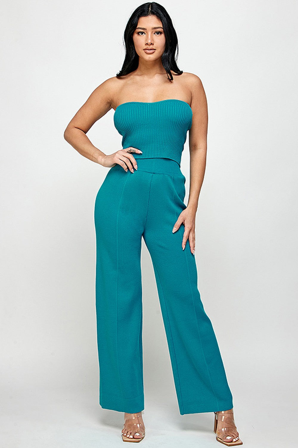Turquoise Strapless Top and Wide Leg Pants