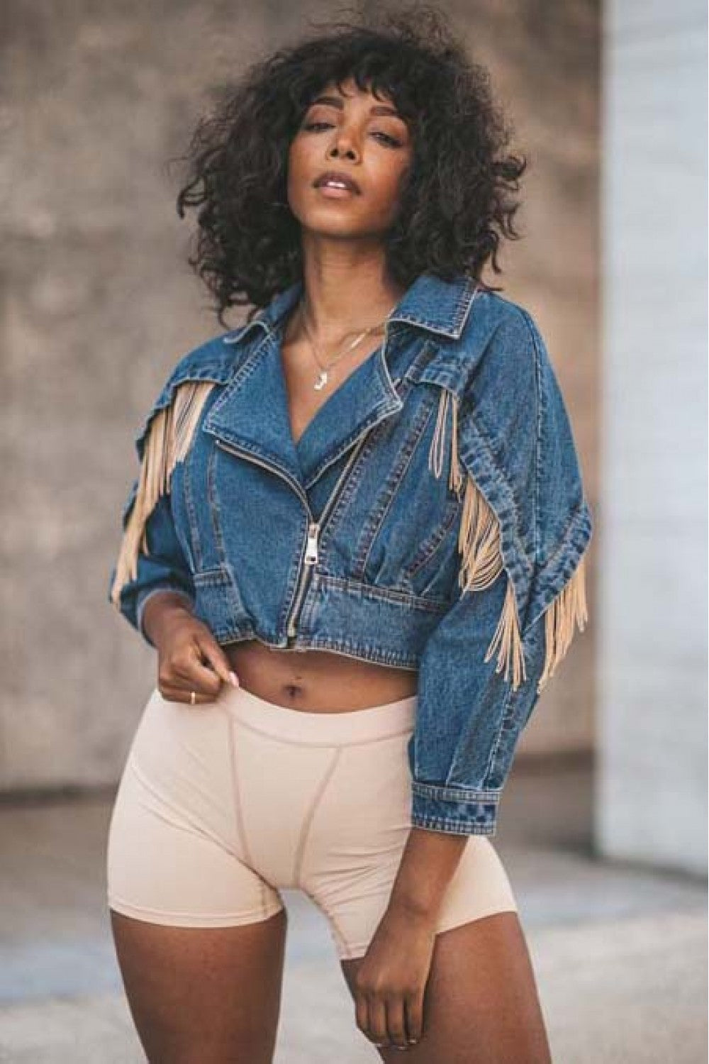crop denim jacket with dress A Little Denim Jacket