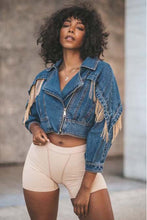 Load image into Gallery viewer, Cropped Denim Fringed Jacket
