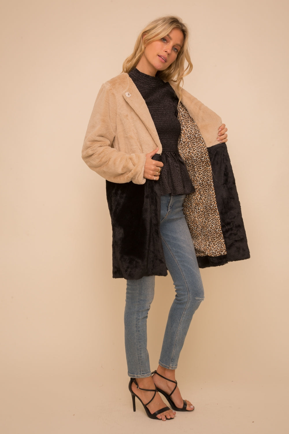30% Off - Color Block Faux Fur Coat Taupe/Animal