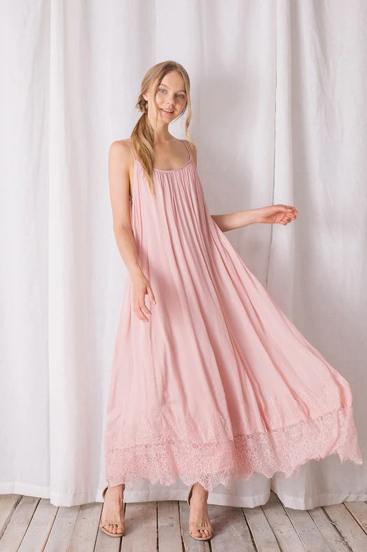 Pale Pink Lace Hem Maxi Dress